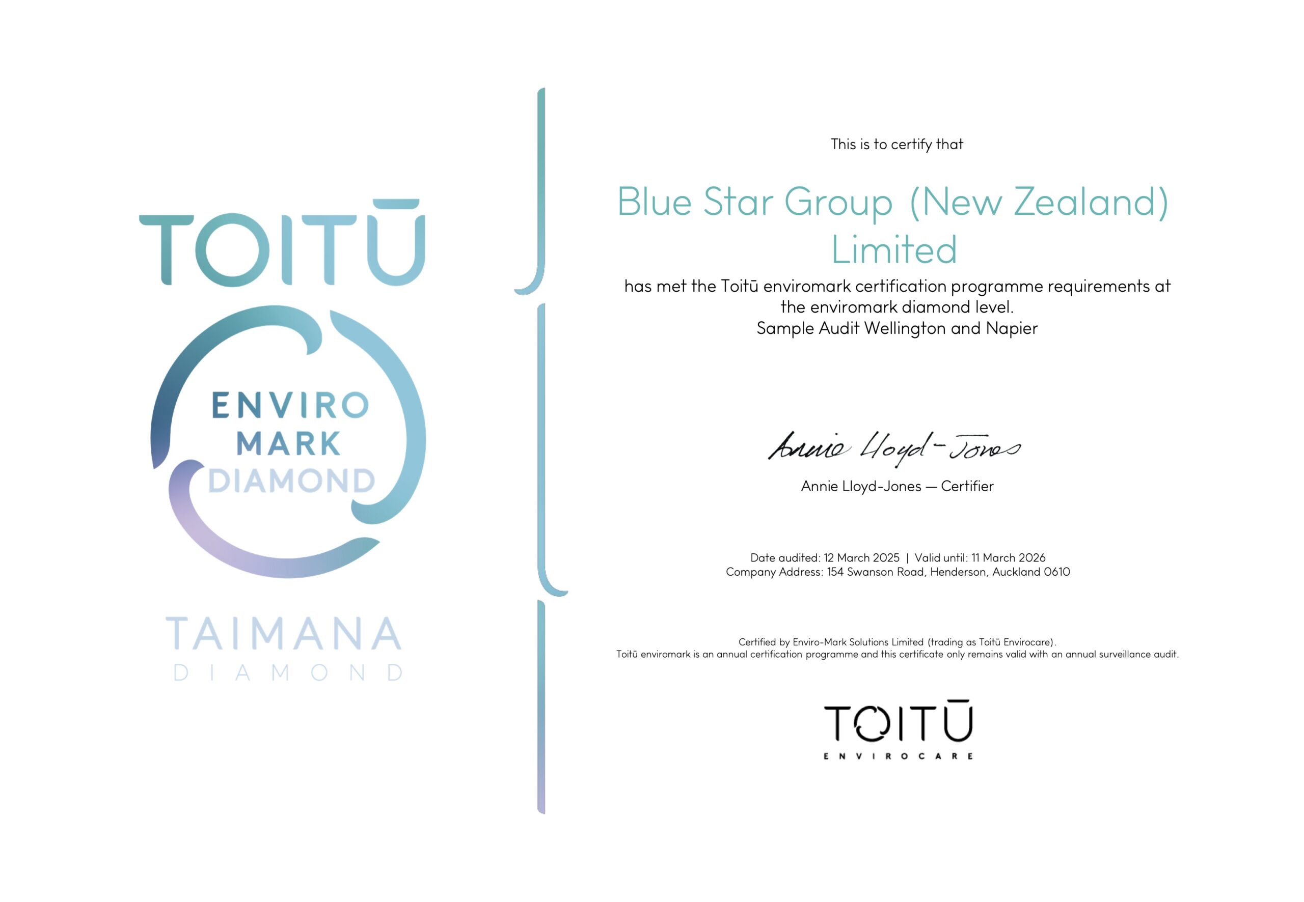 Certificate_2025_Blue Star Group_ToitūEnviromark_Diamond